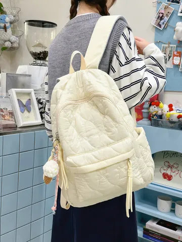Quilted Nylon Backpack Lightweight Casual Daypack Fashion School Bookbag With Ice Cream Pendant For Women Teens