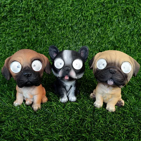 Solar Powered Dog Garden Statue Resin Puppy Figurine With LED Light Outdoor Yard Lawn Decor