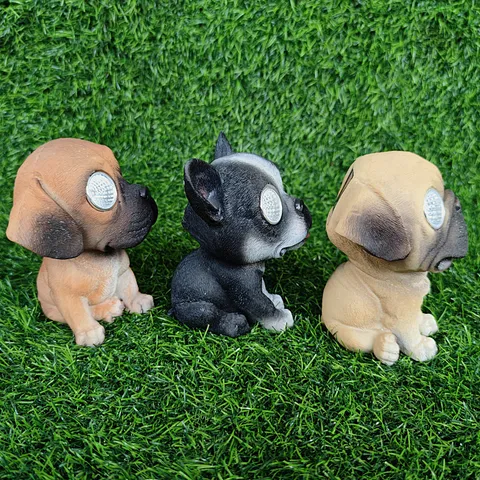 Solar Powered Dog Garden Statue Resin Puppy Figurine With LED Light Outdoor Yard Lawn Decor