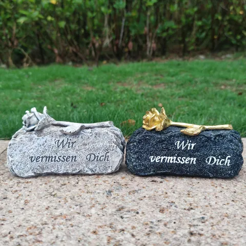 Resin Memorial Tombstone Ornament With Gold Rose German Mourning Text Grave Cemetery Decorative Stone