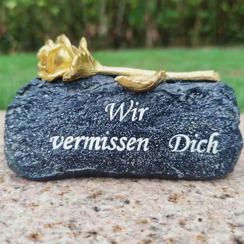 Resin Memorial Tombstone Ornament With Gold Rose German Mourning Text Grave Cemetery Decorative Stone