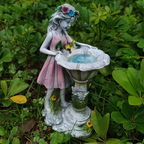 Resin Solar Garden Fairy Statue With Birdbath Outdoor Yard Lawn Decorative Craft Ornament Waterproof LED Landscape Light