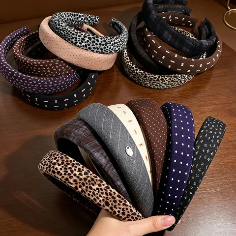 Serre-Tête Large en Tissu Style Coréen pour Femmes Élégant Automne Hiver Imprimé Écossais Rayé Léopard Pois Fait à la Main Accessoires de Cheveux