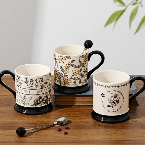 Vintage Ceramic Coffee Mug With Black Handle And Base Retro Floral Pattern Office Water Cup