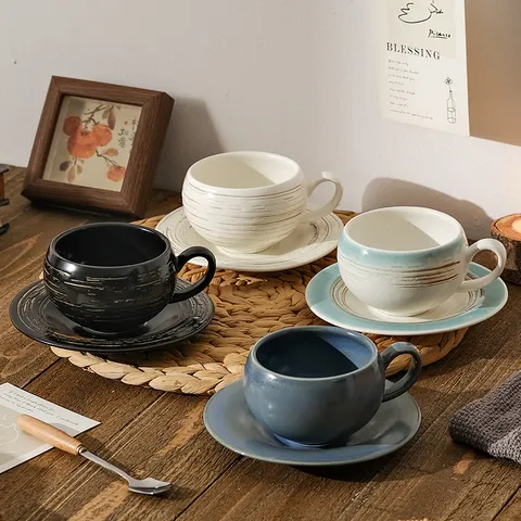 Retro Keramische Koffiekop en Schotel Set Amerikaanse Oven Geglazuurde Theekop met Handvat Middagthee Cadeau