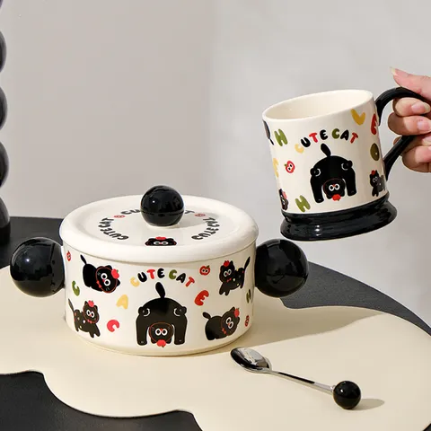 Cute Black Cat Ceramic Instant Noodle Bowl Mug Soup Pot With Lid Spoon Ins Style Cartoon Tableware Set