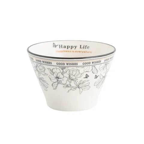 Light Luxury Ceramic Tableware Bowl And Plate Set Black Rim Floral Design Kitchen Dining Dinnerware Gift Box