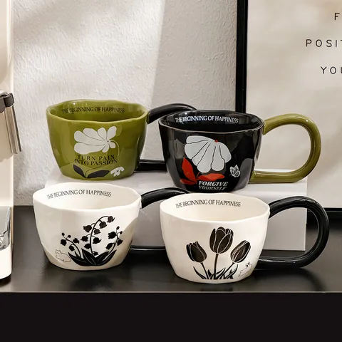 Retro Ceramic Coffee Mug With Big Ear Handle Aesthetic Tulip Floral Printed Breakfast Cup Novelty Ceramic Drinkware
