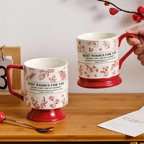 Retro Ceramic Mug With Spoon High Foot Coffee Cup Floral Pattern Gift Box Drinkware For Couple Home Office