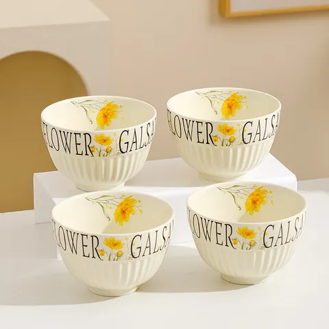 Cream Style Ceramic Rice Bowl Vertical Stripe Floral Cute Soup Bowl Dessert Bowl Microwave Safe Tableware