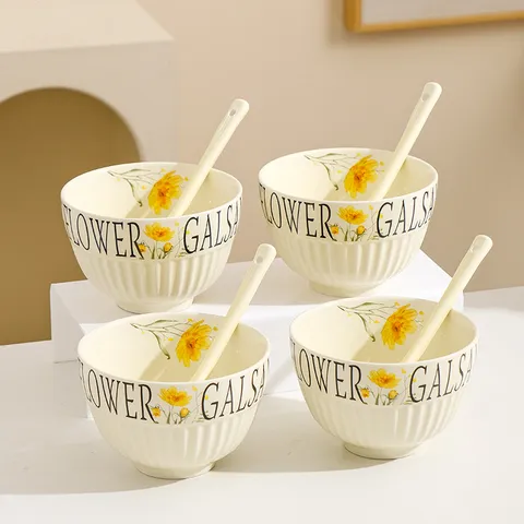 Cream Style Ceramic Rice Bowl Vertical Stripe Floral Cute Soup Bowl Dessert Bowl Microwave Safe Tableware