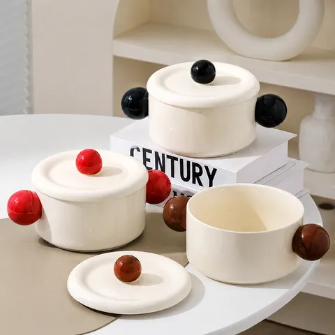 Nordic Ceramic Double Ear Soup Bowl With Lid Creative Ball Handle Instant Noodle Bowl Home Kitchen Tableware