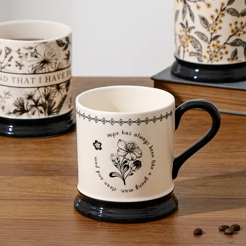 Vintage Ceramic Coffee Mug With Black Handle And Base Retro Floral Pattern Office Water Cup
