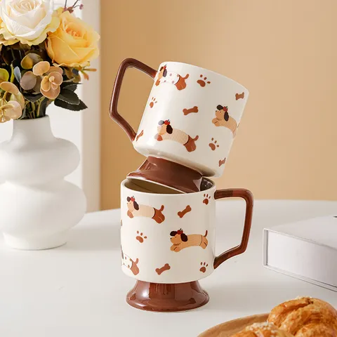 Creative Ceramic Mug High Base Coffee Milk Cup Cute Cartoon Sausage Dog Pattern Drinkware With Handle For Gift Home