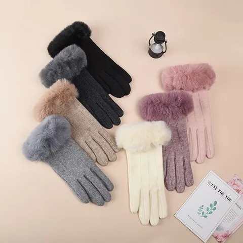 Gants Chauds d'Hiver pour Femmes Doublés de Molleton Épaissi Écran Tactile Gants en Tricot de Mélange de Laine Avec Revers en Peluche Fausse Fourrure Coupe-Vent Protection Contre le Froid