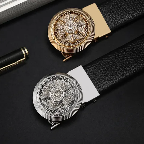 Herren PU Leder Automatische Schnalle Gürtel Business Casual Ratschengürtel Strass Kreuz Schnalle Gürtel Modeaccessoire