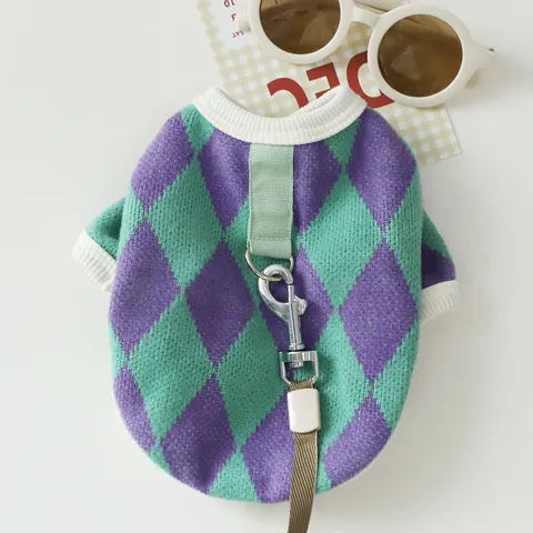British Style Argyle Knitted Cat Clothes Two-Legged Vest Sweater With Harness Ring For Spring Autumn Winter Pets