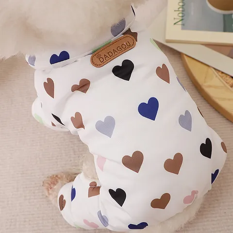 Pet Dog Winter Warm Four-Legged Cotton Coat Cute Heart Print Thickened Fleece Lined Jumpsuit Apparel For Small Dogs