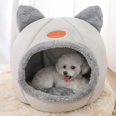 Casa Cálida para Mascotas Cerrada Diseño Lindo de Orejas de Gato Cama de Peluche Suave para Perros Cueva Nido de Dormir de Invierno Para Perros Pequeños y Gatos