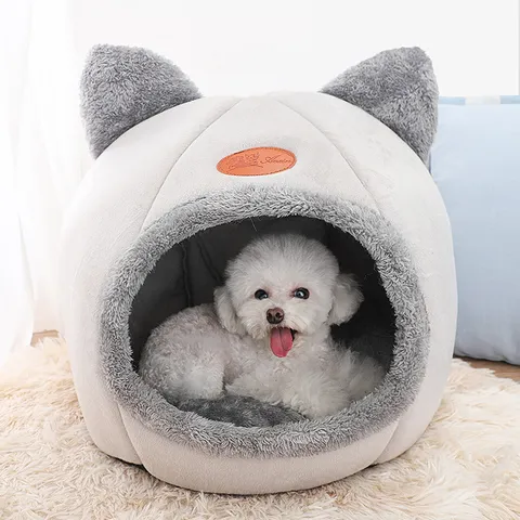 Casa Cálida para Mascotas Cerrada Diseño Lindo de Orejas de Gato Cama de Peluche Suave para Perros Cueva Nido de Dormir de Invierno Para Perros Pequeños y Gatos