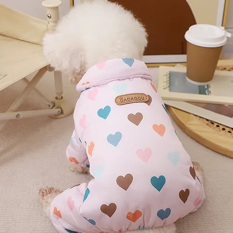 Pet Dog Winter Warm Four-Legged Cotton Coat Cute Heart Print Thickened Fleece Lined Jumpsuit Apparel For Small Dogs