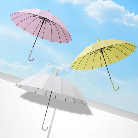 Parapluie à Long Manche 16 Baleines Couleur Unie Style Japonais Housse Imperméable Parapluie de Pluie Mât Droit Coupe-Vent pour Femme