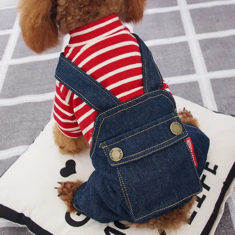 Small Dog Puppy Clothes Spring Autumn Striped Denim Overalls Cute Four-Leg Pet Jumpsuit Apparel For Teddy Bichon