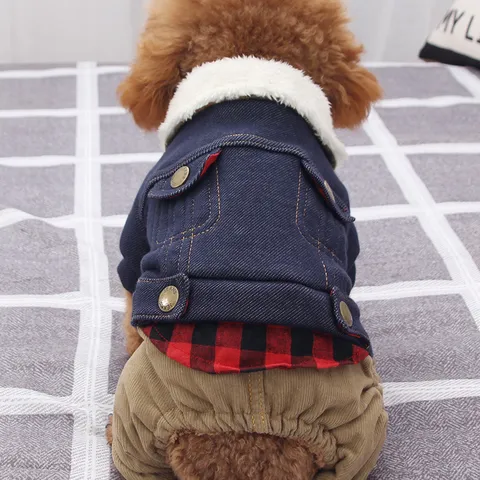 Dog Winter Clothes Warm Fleece Denim Four-Legged Jacket Coat Small Dogs Puppy Apparel Plaid Stitching Pet Outfit