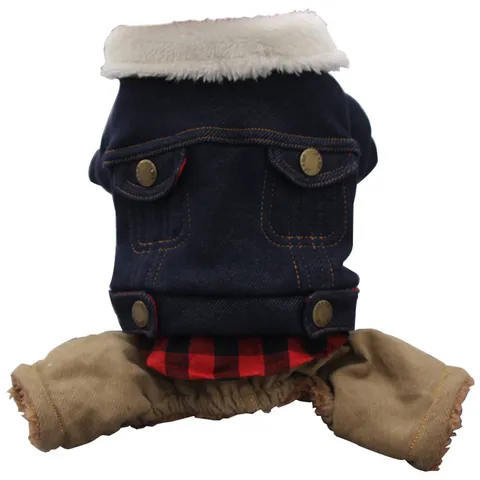 Dog Winter Clothes Warm Fleece Denim Four-Legged Jacket Coat Small Dogs Puppy Apparel Plaid Stitching Pet Outfit