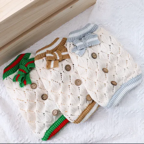 Small Dog Knit Sweater Winter Warm Pet Apparel Cute Bowknot Wooden Buttons Puppy Clothes