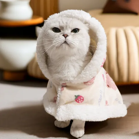 Winter Warm Pet Cape Cute Strawberry Bear Pattern Cat Cloak Fleece Thickened Small Dog Apparel Pet Clothing