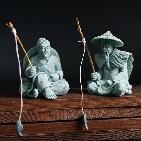 Chinese Traditional Jiang Taigong Fisherman Chess Player Resin Sandstone Figurine Rockery Fish Tank Tea Pet Micro Landscape Garden Ornament