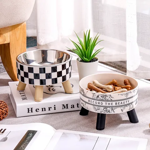 Raised Pet Bowl Ceramic Stainless Steel Cat Dog Food Water Bowl With Wood Stand Pet Feeding Supplies