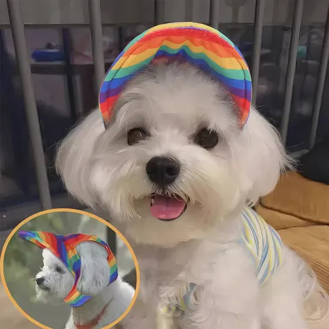 Cute Pet Sun Hat Small Dog Cat Floral Rainbow Plaid Baseball Cap Adjustable Outdoor Photography Pet Accessories