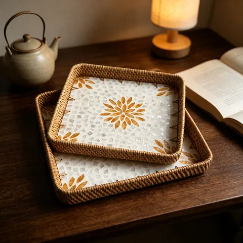 Handmade Rattan Woven Serving Tray with Shell Mosaic Floral Pattern Square Storage Basket Decorative Tray For Kitchen