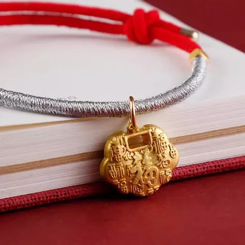 Handmade Woven Chinese Style Pet Collar Gold Lock Pendant Cute Puppy Dog Necklace Traditional Lucky Jewelry Accessories
