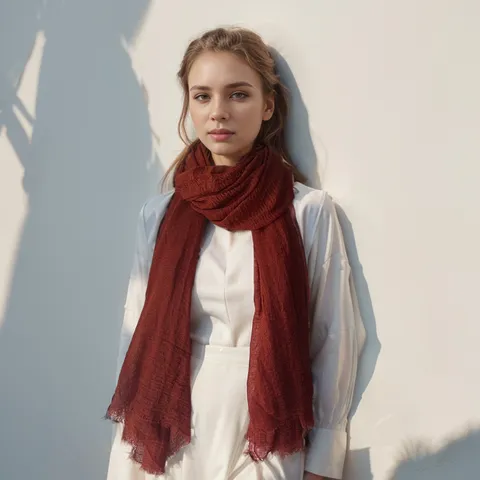 Women's Casual Solid Color Cotton Crinkled Scarf Fringed Edge Lightweight Breathable Shawl Daily Travel Neckwear