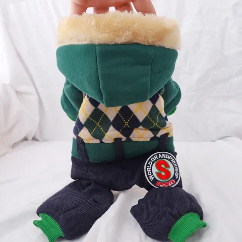 Pet Dog Winter Warm Cotton Clothes Cute Hooded Argyle Four Legged Coat Puppy Thickened Fleece Jumpsuit Apparel