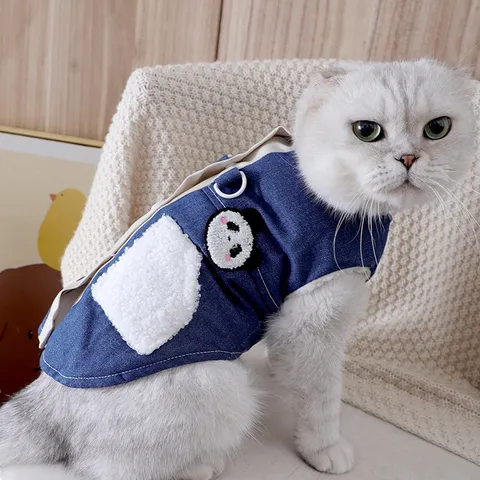 Pet Cat Denim Cotton Coat Winter Warm Two-Legged Apparel Cute Panda Embroidery Pocket With Traction Ring Clothes