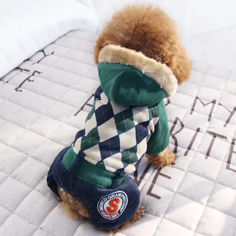 Pet Dog Winter Warm Cotton Clothes Cute Hooded Argyle Four Legged Coat Puppy Thickened Fleece Jumpsuit Apparel