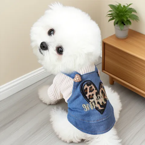 Small Dog Dress Autumn Cute Denim Strap Skirt Puppy Clothes Leopard Heart Embroidery Pet Apparel For Bichon Teddy