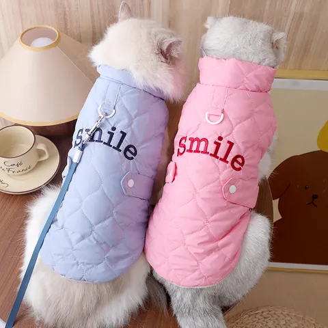 Winter Pet Cat Warm Vest Fleece Lined Cotton Coat Cute Smiley Embroidery With Leash D-Ring Small Dog Apparel Clothing