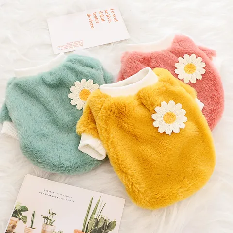 Cute Pet Fleece Clothes Winter Warm Puppy Coat Thickened Daisy Floral Two Leg Dog Apparel Soft Comfortable Pet Outfit