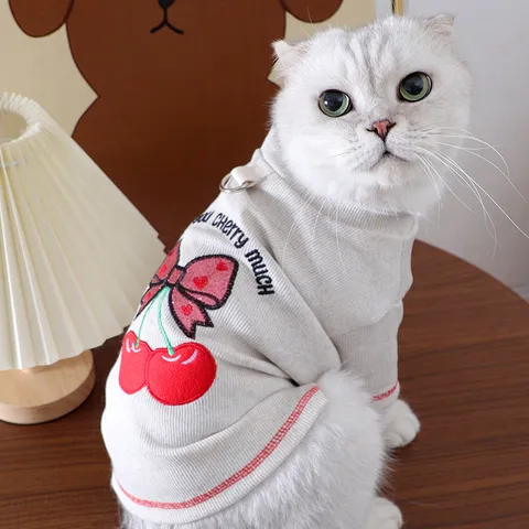 Cute Cherry Bow Embroidery Pet Cat Sweater Spring Autumn Knit Two-Legged Clothes Soft Breathable Kitten Apparel