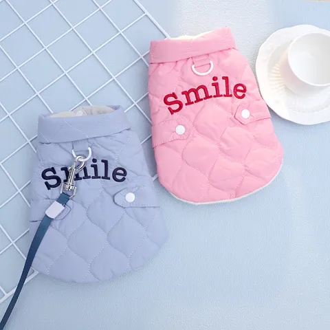 Winter Pet Cat Warm Vest Fleece Lined Cotton Coat Cute Smiley Embroidery With Leash D-Ring Small Dog Apparel Clothing