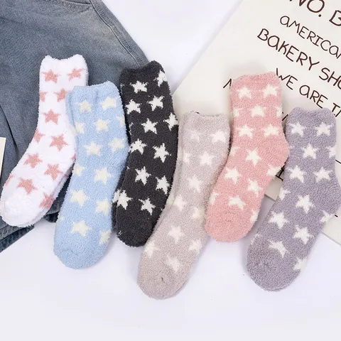Calcetines de Vellón de Coral con Patrón de Estrellas para Mujer Gruesos Suaves Cálidos de Invierno Calcetines de Suelo Cómodos