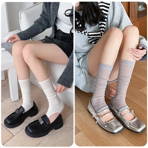 Women Fashion Solid Color Ribbed Stirrup Socks Summer Thin Stacked Leg Warmers Casual Cotton Long Socks For Daily Wear