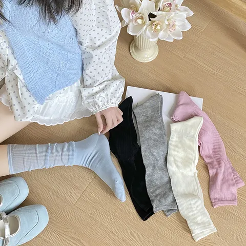 Women Sheer Mesh Mid-Calf Socks Sweet Ballet Style Bow Hollow Out Breathable Cotton Blend Fashion Long Socks