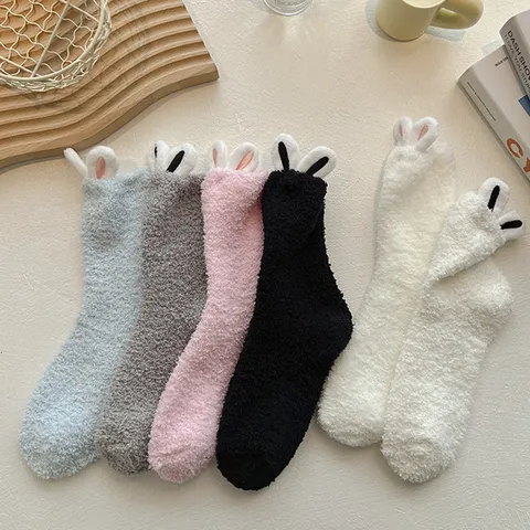 Women's Cute 3D Embroidered Rabbit Ears Coral Fleece Mid Tube Socks Winter Thickened Warm Sweet Lolita Sleep Socks