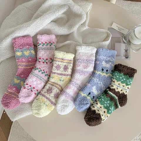 Women's Winter Warm Coral Fleece Sleep Socks Cute Fair Isle Striped Thickened Thermal Floor Socks For Home Bedroom